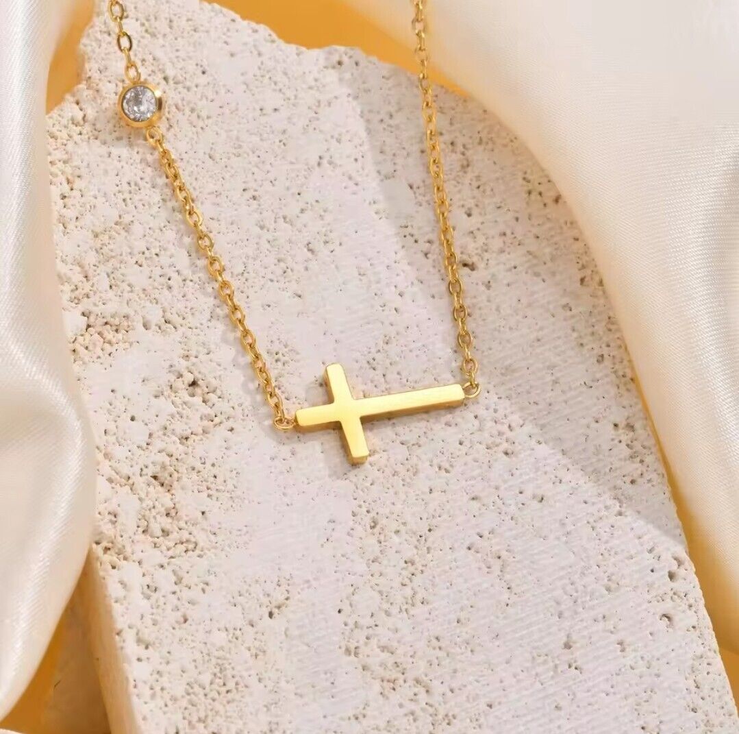 Cross Bracelet for Women 14K Gold Plated Dainty Small Cross and CZ Pendant