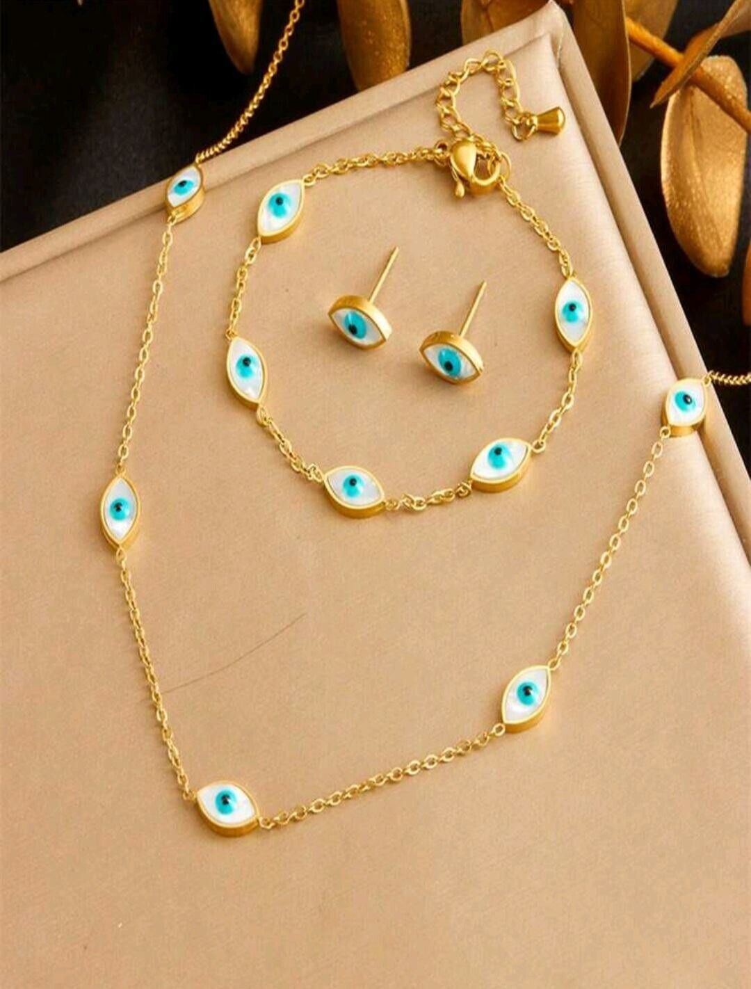 Evil Eye Protection  18k Plated Jewelry Set Necklace Bracelet, And Earrings ￼￼