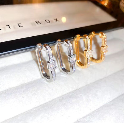 Beautiful Paper Clip Rectangle Hoop Earrings Gold Plated With CZ