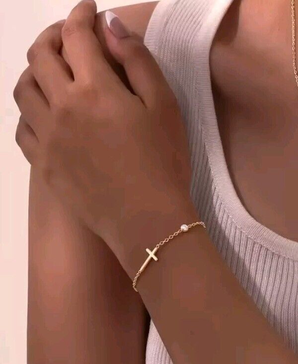 Cross Bracelet for Women 14K Gold Plated Dainty Small Cross and CZ Pendant