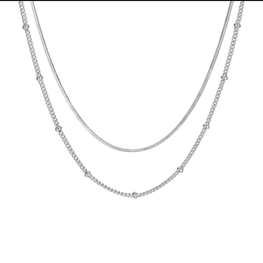 2 Thin Silver Necklaces Beaded Chain Link 16”- 18'' & 14” Box Link Choker