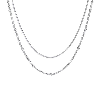 2 Thin Silver Necklaces Beaded Chain Link 16”- 18'' & 14” Box Link Choker