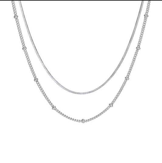 2 Thin Silver Necklaces Beaded Chain Link 16”- 18'' & 14” Box Link Choker