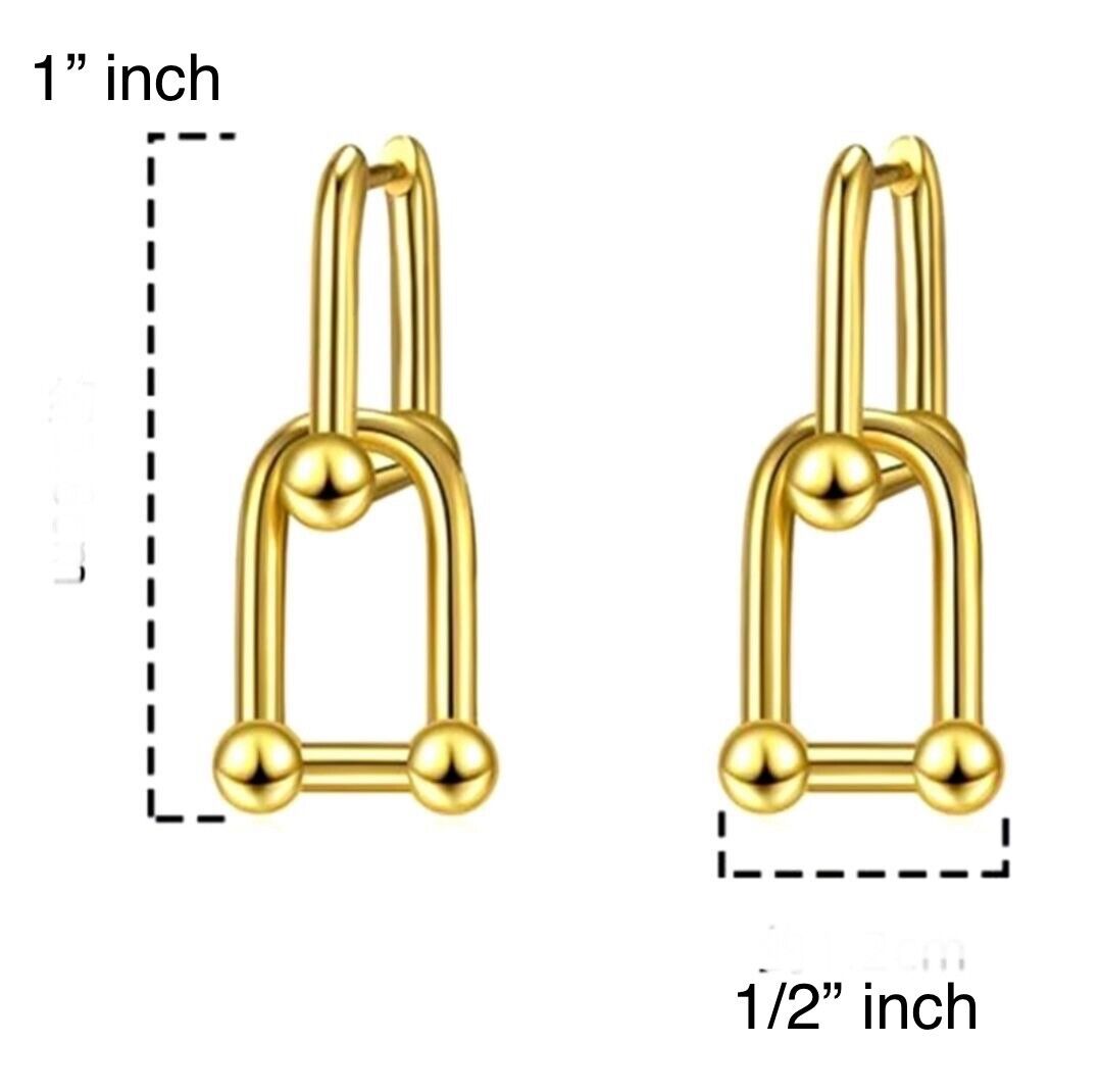 Dual U-Link/Door Knocker Large Chain Studs Hardware Earrings Silver Tone