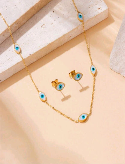 Evil Eye Protection  18k Plated Jewelry Set Necklace Bracelet, And Earrings ￼￼