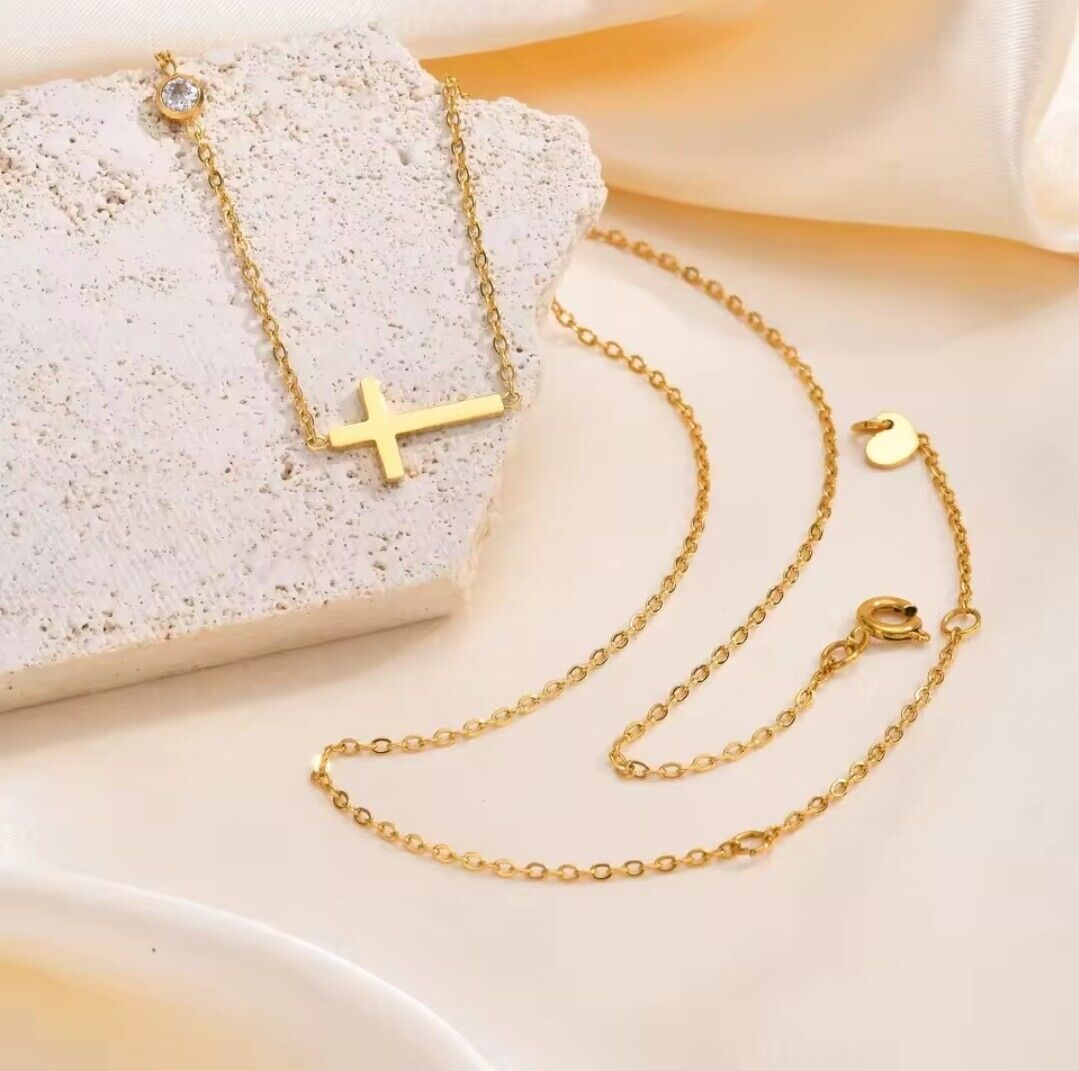 Cross Necklace for Women 14K Gold Plated Dainty Small Cross And CZ Pendant