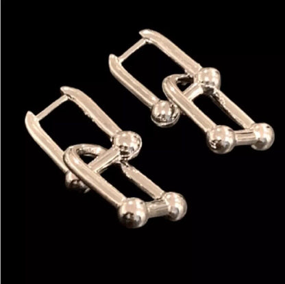 Dual U-Link/Door Knocker Large Chain Studs Hardware Earrings Silver Tone