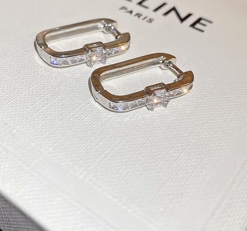 Beautiful Paper Clip Rectangle Hoop Earrings Sterling Silver With CZ