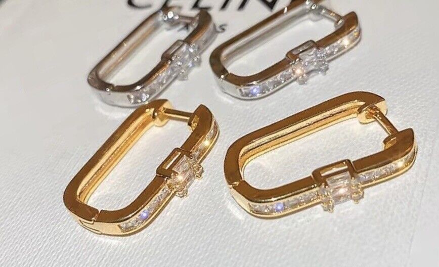 Beautiful Paper Clip Rectangle Hoop Earrings Gold Plated With CZ