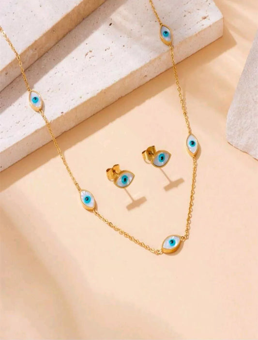 Evil Eye Protection 18k Plated Jewelry Set. Necklace, Bracelet, & Earrings.