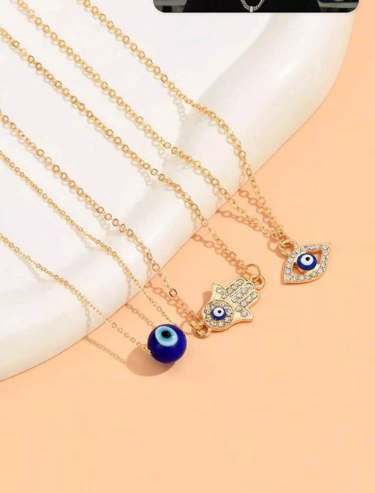 3pc Evil Eye, Rhinestone Hamsa & Hand Charm Necklace Set