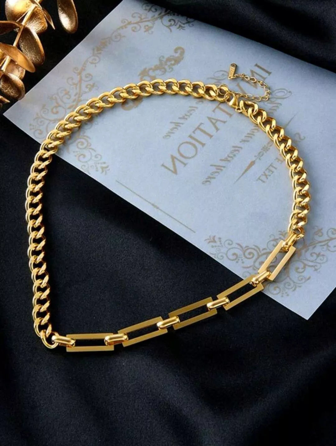 18K Gold Plated Stainless Steel Cuban Link Chain Bracelet Necklace Jewelry Set.