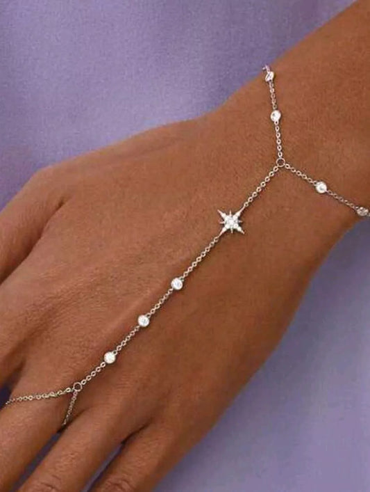 Shooting Star Glitter Hand Chain 925 Stirling Silver Adjustable Bracelet Ring