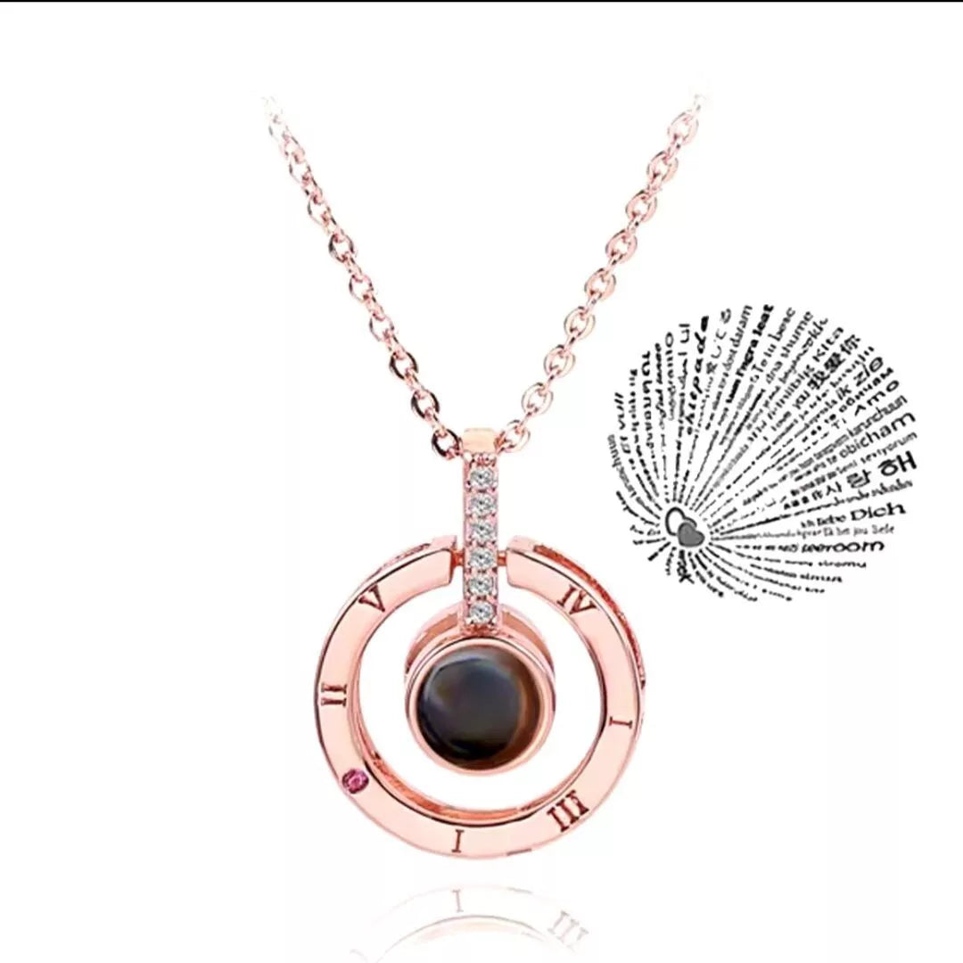 925 Silver & Rose Gold Necklace & Projection Pendant Reads (I Love You) 100 Languages