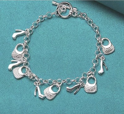 Sterling Silver Charmed Bracelet Multiple Heels & Purse Charms 8" 3MM Toggle