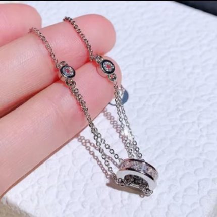 Silver CZ Geometric Charmed Dual Chained Bracelet Ending With Single Chains