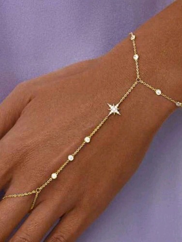 Shooting Star Glitter Hand Chain 14K Gold Plated Adjustable Bracelet Ring