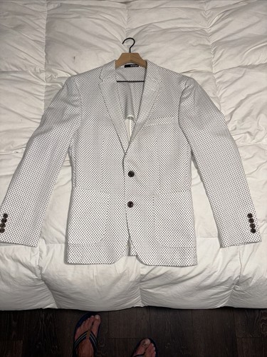 Murano White & Blue Men’s Unstructured Blazer Slim Fit Med Tacked Pockets