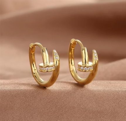 Great Quality Gold Plated  Rounded Nail Hoop Earring with CZ for Women
