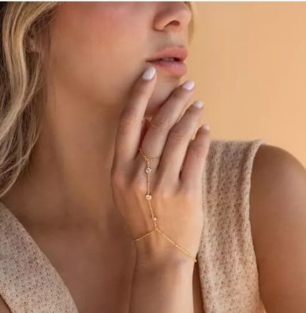 Jeweled Hand Chain Bracelet Silver Stack Finger Ring Gold Also Available