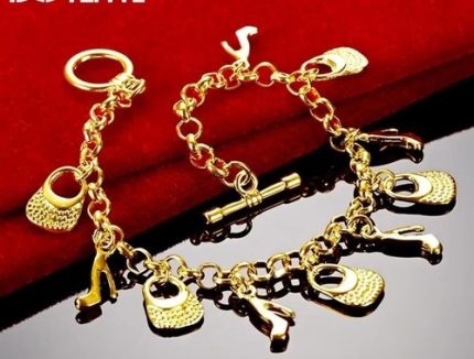 Women 925 SS 24K Gold Plated Bracelet Good Luck Heels Bag 8 Inches 3MM Toggle