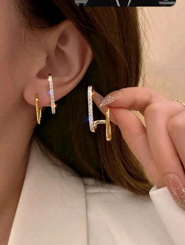Double Hoop Cuff Round Cut Lab Created Emarled Drop Women's Earring Gold Plated