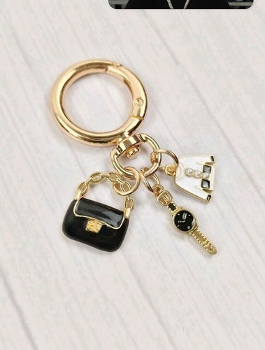 Purse Charm / Keychain With Black Mini Purse/Bag, Gold Watch  And  White Coat