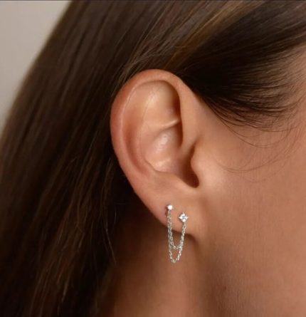 Women Drop Earrings Double Studded Silver With Dangle Chain