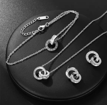 Roman Numeral Double Ring Pendant Linked Necklace,  Bracelet And Earrings