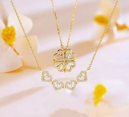 For Valentines Day Four Leaf Clover Necklace 2-in-1 Heart Pendant Design Silver