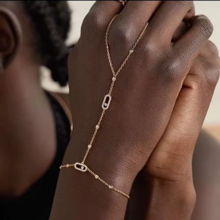 Finger Chain Geometric Bracelet Silver With Stack Rhinestone Paper clip