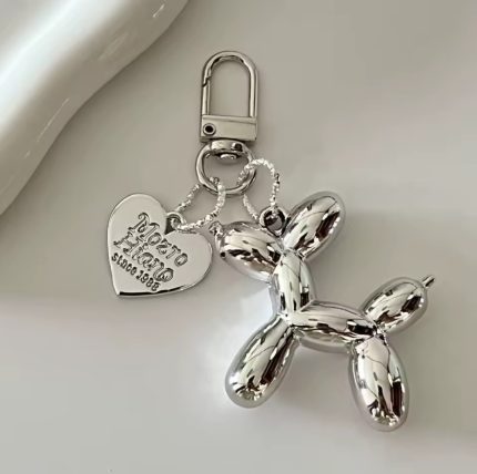 Cute Balloon Animal - Silver Dog w/Silver Heart Keychain/Purse Accessories