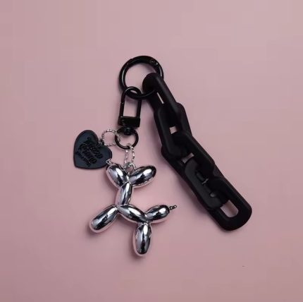Silver Balloon Dog Keychain Bag charm Black Chain & Heart Y2K Style Handmade